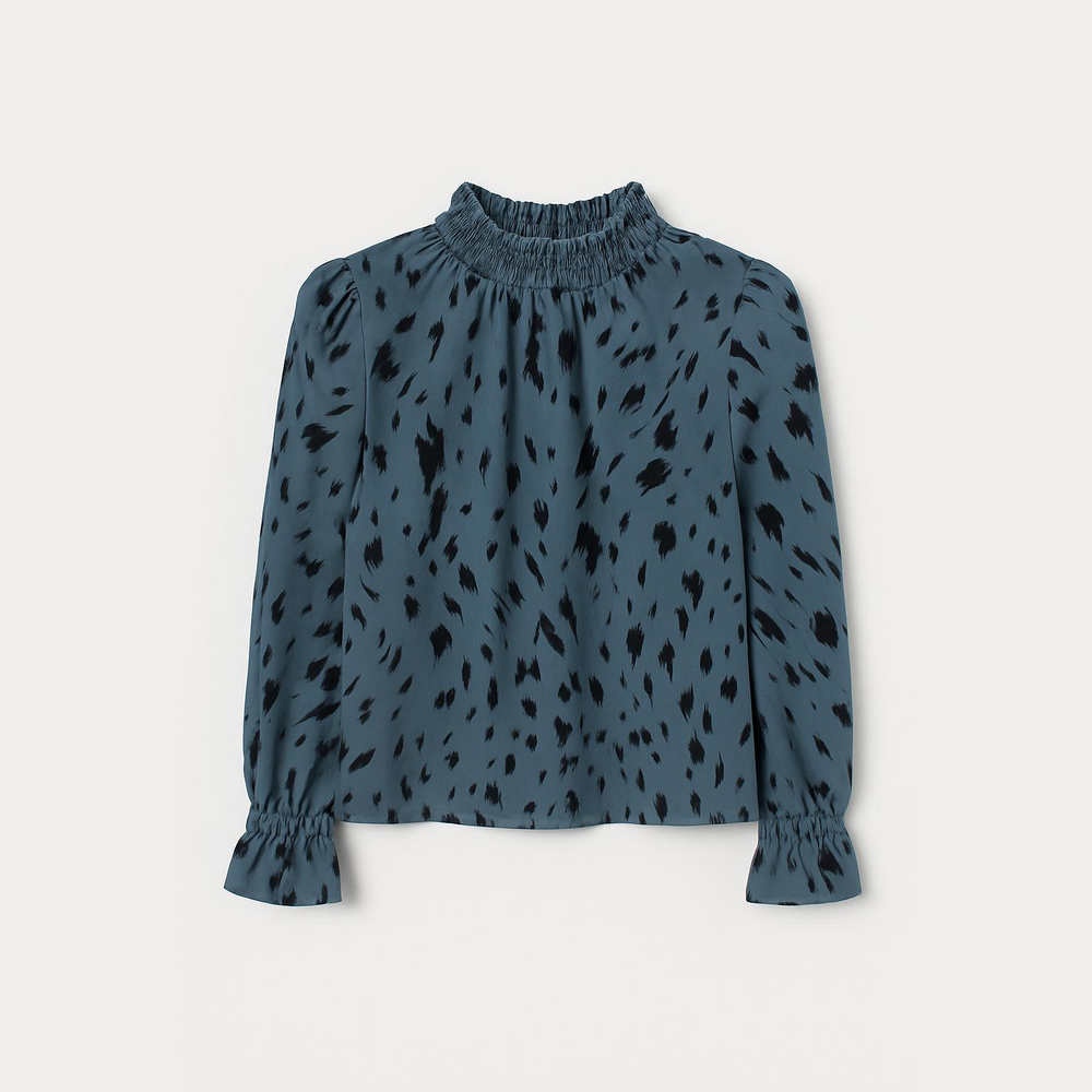 Blue and Black Ruffled Blouse with Mandarin Collar